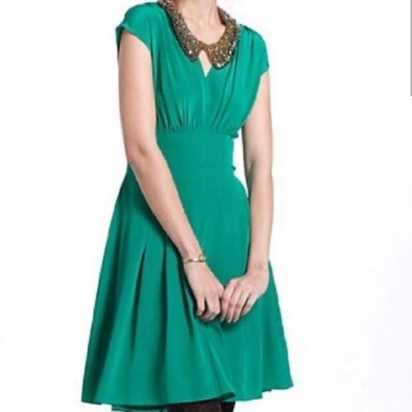 Anthropologie LIL Emerald Green Silk Draped Tie Back Dress - Picture 3 of 11